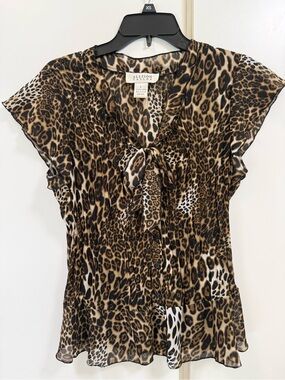 Y2K VTG Allison Taylor Leopard Print Tie-Neck Blouse Tan Black L Short Sleeve